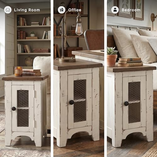 Signature Design by Ashley Wystfield Farmhouse Chair Side End Table with Cabinet Door for Storage, White & Brown with Distressed Finish - color: Dark Brown & White