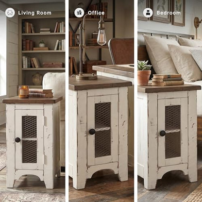 Signature Design by Ashley Wystfield Farmhouse Chair Side End Table with Cabinet Door for Storage, White & Brown with Distressed Finish - color: Dark Brown & White