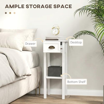 HOMCOM Narrow End Table with Drawer and Bottom Shelf, Slim Side Table for Small Spaces, Skinny Modern Accent Desk for Living Room, Set of 2, White - color: White
