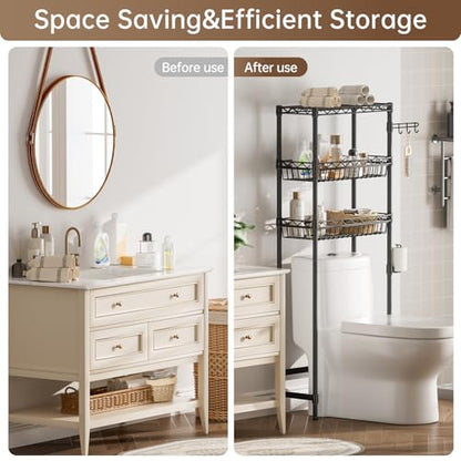 Golpart 3-Tier Over-The-Toilet Storage Shelf,Heavy-Duty Adjustable Bathroom Rack with 2 Mesh Baskets,Toilet Paper Holder & Hooks,Space-Saving Organizer for Bathroom,10”D x 24”W x 66”H,Black - size: Black with Baskets-10"D x 24"W x 66"H