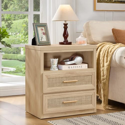 RWYHG 24'' Wide Farmhouse Night Stand with 2 Drawers,Rattan Nightstand | Modern Boho End Table Open Storage Shelf, Metal Handle, Mid-Century Wood Bed Side Table for Bedroom, Living Room - color: Natural（rattan ）