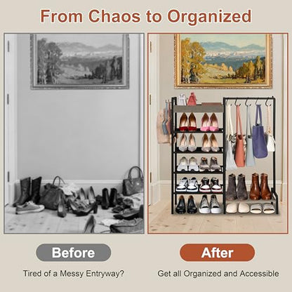 2-in-1 Shoe and Purse Rack, 5-Tier Shoe Rack with Wooden Tray & 7 Hooks, Industrial Metal Shoe Shelf with Removable Shelves for Entryway, Front Door Entrance, Closet, Boot Storage, Black - color: Black With Grey