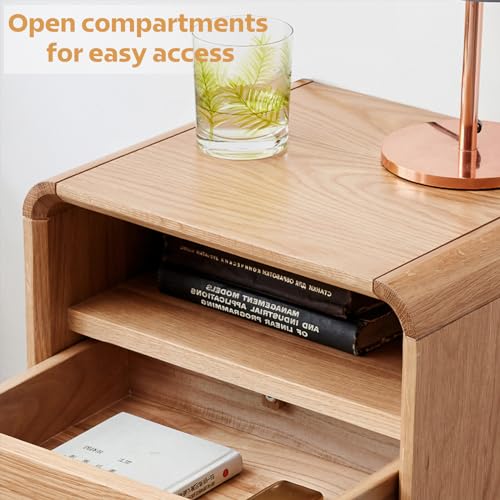 Solid Wood Nightstand Set of 2, Mid Century Modern Nightstand with Drawers, Natural Wood Nightstand with Storage, Wooden Night Stand, Small Nightstands, Bedside Table for Bedroom(23.23" H) - color: Natural Oak, style: 2 Drawer & Open Storage-2