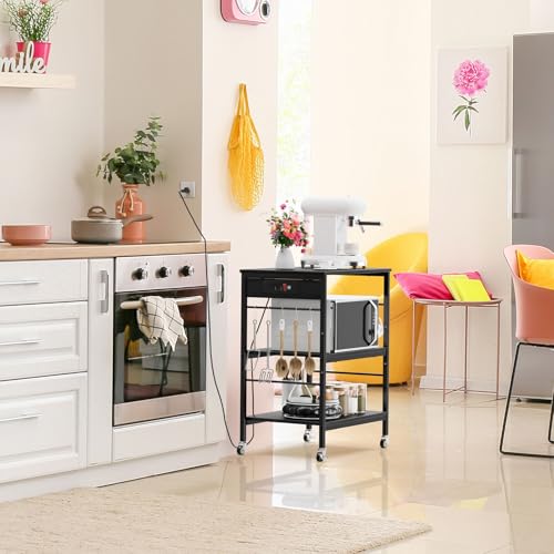 Bakers Rack with Power Outlet Black Coffee Station Cart Table on Wheels Microwave Stand Table with Storage Shelf for Kitchen Living Room Bedroom - color: Black