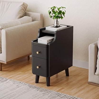 Nightstand, Pre-Assembled, 19.7“H Solid Wood Narrow Night Stand with 2 Drawers, Open Sliding Shelf, Mid Century Modern Small Bedside Table for Bedroom, Black 8" - color: Black, size: 8"
