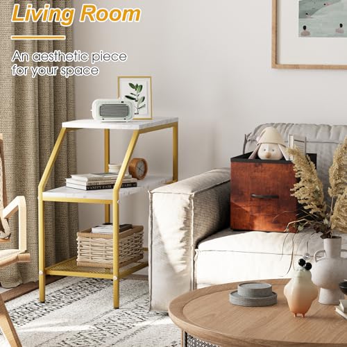 Wolawu End Table 3 Tiers 2pcs White Marble Wood Nightstand with Storage Ladder Shelf,Industrial Sofa Side Table for Small Space, Modern Trapezoid Plant Stand in Living Room Bedroom,Gold Metal Frame - color: White Marble