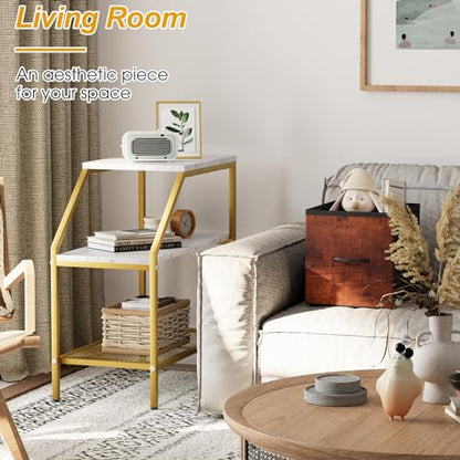 Wolawu End Table 3 Tiers 2pcs White Marble Wood Nightstand with Storage Ladder Shelf,Industrial Sofa Side Table for Small Space, Modern Trapezoid Plant Stand in Living Room Bedroom,Gold Metal Frame - color: White Marble