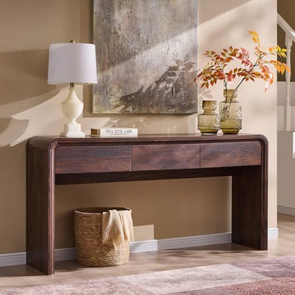 Aitjunz 63'' Console Table with 3 Drawers, Modern Entryway Table with Curved Profile Design, Narrow Long Wood Sofa Table Behind Couch Table for Living Room, Hallway, Foyer, Brown - color: Brown