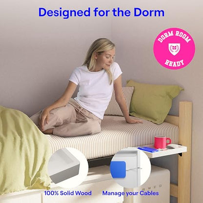BedShelfie Wood Bedside Shelf for Dorm Room - White | Bunk Bed & Top Bunk, College Dorm Room Essentials, Loft Nightstand, Floating Bed Side Table Tray, By Smallish - color: White