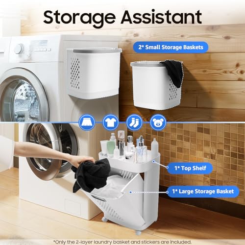 2 Tier Rolling Laundry Hamper Sorter, Removable Laundry Basket Cart with Wheels and Handle Removable Clothes Hamper Organizer White Portable Storage Baskets with 3 Deep Baskets for Bathrooms