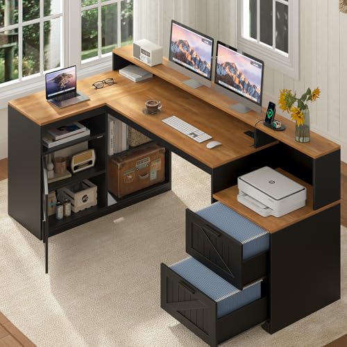 TVU Farmhouse L Shaped Desk with Drawers, 62.2" Home Office Desk with Storage Shelves and Power Outlet, L Shaped Computer Desk with Monitor Stand and Printer Shelf, Brown and Black - color: Brown and Black
