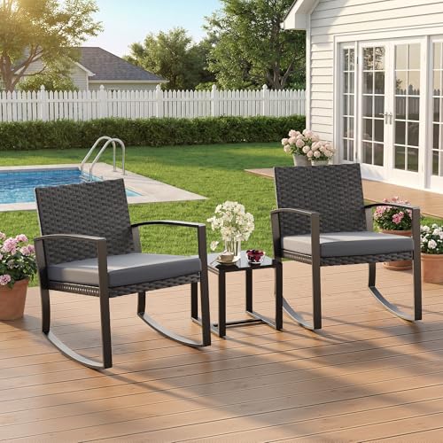 Qsun 3 Pieces Patio Furniture Set Rocking Bistro Set Outdoor Rattan Conversation with Coffee Table for Garden Balcony Backyard Poolside (Grey Cushion) - color: Grey