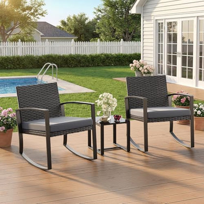 Qsun 3 Pieces Patio Furniture Set Rocking Bistro Set Outdoor Rattan Conversation with Coffee Table for Garden Balcony Backyard Poolside (Grey Cushion) - color: Grey