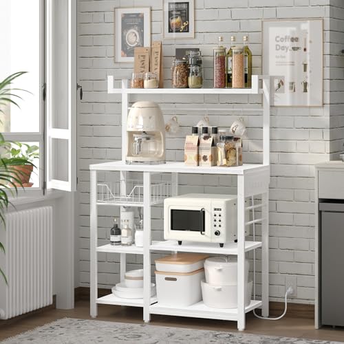 HOOBRO Bakers Rack with Power Outlet, 35.4 Inches Coffee Bar with Mesh Basket, Microwave Stand with 4 S-Shaped Hooks, Kitchen Bakers Rack with Storage, Easy to Assemble, White WT05HB01 - color: White