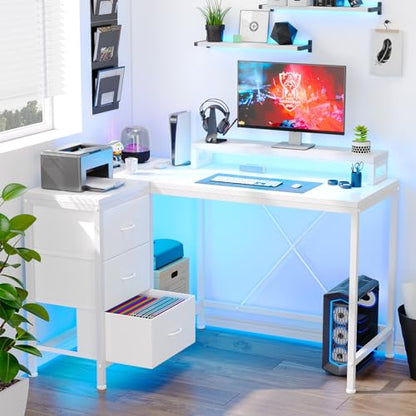 Patikuin L Shaped Desk with Power Outlets & LED Lights, Computer Desk with Drawers & Shelves, Corner Desk Gaming Desk Home Office Desk, White - color: White