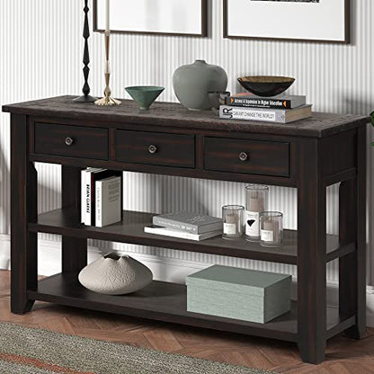 LKTART 48.8" Solid Wood Console Table for Entryway;Sofa Table with Storage | Distressed Black Real Wood Farmhouse Console Table with Drawers;Entry Way Table for Living Room,Foyer,Hallway;Easy Assembled - color: Black Espresso