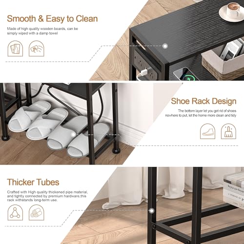 Small Narrow Side Table with Charging Station, Skinny End Table for Small Spaces, Slim Nightstand with Outlets, Sofa Bedside Table in Living Room, Bedroom, Study, Kitchen and Balcony(Black) - color: Black