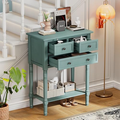 24'' Entryway Table, Small Console Table with Storage Drawers and Shelf, Hallway Table for Entryway Hallway Foyer, Farmhouse Solid Wood Frame (Light Blue) - color: Light Blue