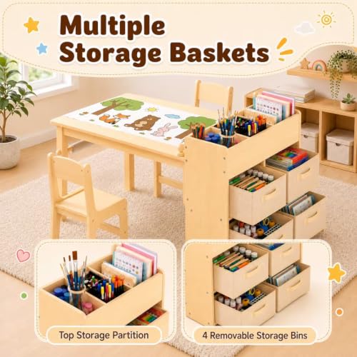 Kids Art Table & 2 Chairs Set, Wooden Activity Craft Desk w/ Paper Roll | Sturdy Wooden Table with Organizers, Open Shelves, Removable Bins, for Toddlers Art Crafts Drawing Painting Writing (Natural) - color: Natural