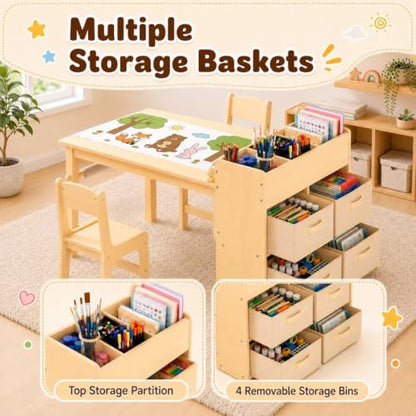 Kids Art Table & 2 Chairs Set, Wooden Activity Craft Desk w/ Paper Roll | Sturdy Wooden Table with Organizers, Open Shelves, Removable Bins, for Toddlers Art Crafts Drawing Painting Writing (Natural) - color: Natural