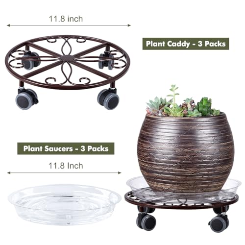 3 Pack Plant Caddy with Wheels Heavy Duty 11.8 Inches Metal Plant Stand with Wheels Plant Dolly Rolling Plant Stand Plant Roller with Casters for Indoor and Outdoor (3, Bronze) - color: Bronze