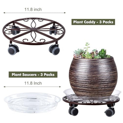 3 Pack Plant Caddy with Wheels Heavy Duty 11.8 Inches Metal Plant Stand with Wheels Plant Dolly Rolling Plant Stand Plant Roller with Casters for Indoor and Outdoor (3, Bronze) - color: Bronze