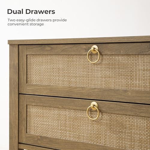 SICOTAS 26.7" Wide Rattan Nightstand with 2 Drawers & Open Shelf End Table | Large Night Stand with Storage Shelf, Coastal Boho Bedside Table for King Bed, Bedroom, Guest Room, Apartment, and End Table - color: Light Walnut
