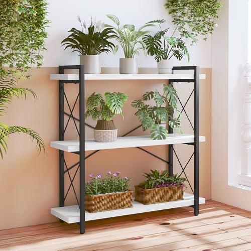 HCHQHS Bookshelf, 3-Tier Industrial Bookcase, Open Book Shelf, Freestanding Horizontal Bookshelves with Metal Frame - color: White & Black, size: 3-Tier (35.8"W x 35.8"H)