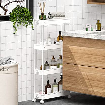SPACEKEEPER Slim Rolling Storage Cart 4 Tier Bathroom Organizer Mobile Shelving Unit Utility Cart Tower Rack for Kitchen Laundry Narrow Places, White - color: White