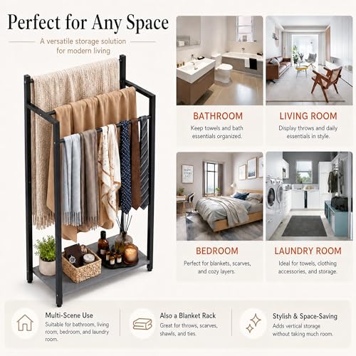 16.9" W Freestanding Towel Rack with Oak Grey Wood Shelf | 3 Tier Blanket Ladder Stand for Bathroom Living Room, Metal Frame,31.5"H x 16.9"W x7.9"D - color: Oak Grey, size: 31.5"H x 16.9"W x7.9"D