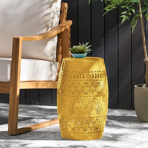 Christopher Knight Home Zoey Small Outdoor Side Table, Lace Cut Iron End Table, Metal Outdoor Stool, Hollow Drum Round Side Table, Decorative Garden Stool with Cutout Design for Patio Balcony, Yellow - color: Yellow