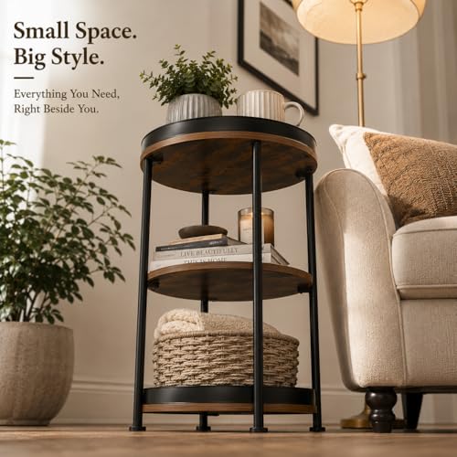 Dulcii Side Table, Round End Table with 3 Storage Shelves for Living Room, Bedroom, Nightstand with Steel Frame for Small Spaces, Industrial Round Sofa Table, Outdoor Accent Coffee Table, Rustic Brown | Round End Table with Storage for Living Room, Bedroo