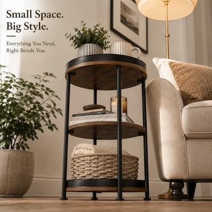 Dulcii Side Table, Round End Table with 3 Storage Shelves for Living Room, Bedroom, Nightstand with Steel Frame for Small Spaces, Industrial Round Sofa Table, Outdoor Accent Coffee Table, Rustic Brown | Round End Table with Storage for Living Room, Bedroo