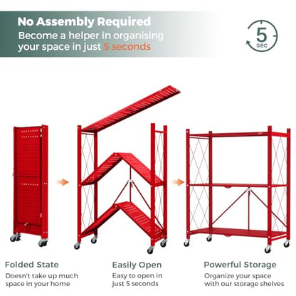 DEANIC 3 Tier Foldable Storage Shelves with Wheels, Kitchen Appliance Stand, Freestanding Metal Wire Shelf Rack, No Assembly Organizer Rolling Cart for Garage, Basement, Pantry(Red) - color: Red