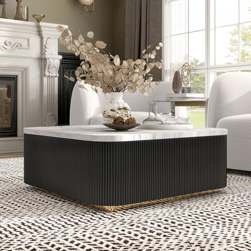 Furniture of America Beryl Modern Square White Genuine Marble Top Coffee Table with Fluted Pedestal Base and Gold Stainless Steel Accent, Low Profile Table for Living Room, Home Office, Black - size: Coffee table, style: Square