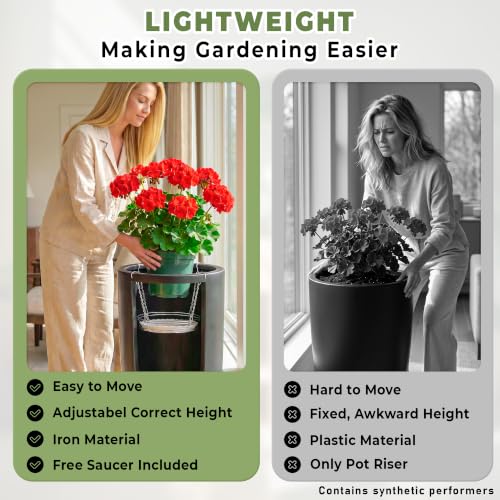 2 Sets Adjustable Planter Inserts for Large Pots, Silver‌ Minimalist Planter Insert with 4 Chain Hooks, Plant Riser Fits 12-18" Tall Planters Pot & Free 8 inch Plant Saucer Drip Trays