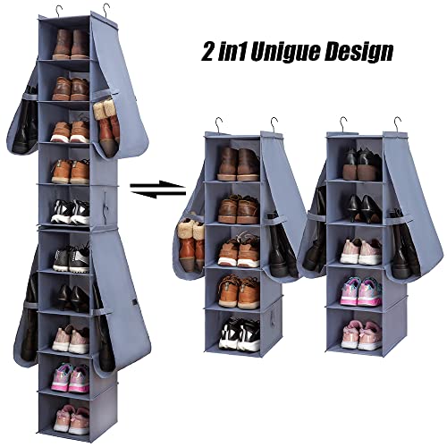 Hanging Shoe Organizer for Closet Footwear Boots Storage Shelf | Hang Closet Organization Storing Shelves Rack Display Shoes Boots Clothes 10-Shelf 4 Pockets Space Saver Oxford Cloth 2 Pack