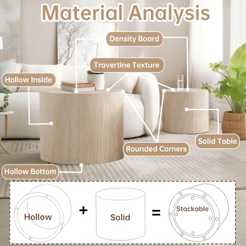 Round Nesting Coffee Table Set of 2 Modern Small Round Coffee Table Travertine Side Table Small End Table Circular Coffee Tables Circle Nested Coffee Tables for Living Room (Travertine) - color: Travertine Regular
