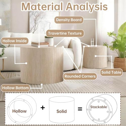 Round Nesting Coffee Table Set of 2 Modern Small Round Coffee Table Travertine Side Table Small End Table Circular Coffee Tables Circle Nested Coffee Tables for Living Room (Travertine) - color: Travertine Regular