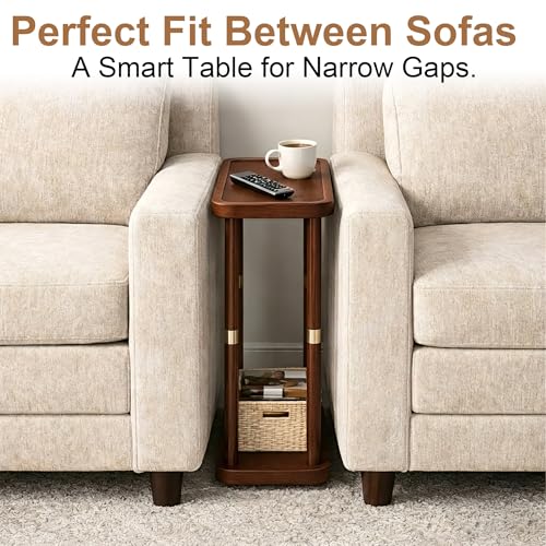 Narrow Side Table, 2-Tier Solid Wood Slim End Table for Small Spaces, 7.5-Inch Skinny Nightstand with Tray Top Storage Shelf for Bedroom, Living Room, Sofa Side, Red Brown - color: Red Brown