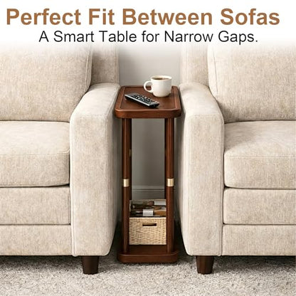Narrow Side Table, 2-Tier Solid Wood Slim End Table for Small Spaces, 7.5-Inch Skinny Nightstand with Tray Top Storage Shelf for Bedroom, Living Room, Sofa Side, Red Brown - color: Red Brown