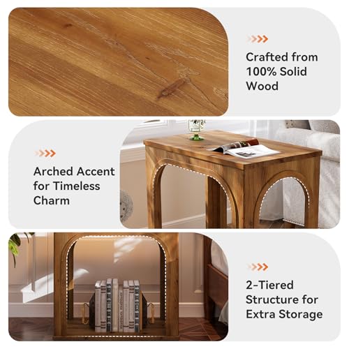 Tribesigns Arched Side Table, 2-Tier Farmhouse Solid Wood End Table with Bottom Shelf, Wooden Night Stand for Living Room, Bedroom, Rustic Brown