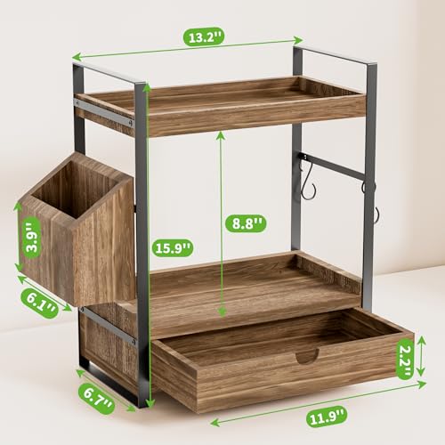 2-Tier Bathroom Counter Organizer, Wooden Vanity Shelf with Drawer & Basket | Pre-Drilled Holes, Skincare & Makeup Countertop Organizer and storage, Dark Brown - color: Dark Brown