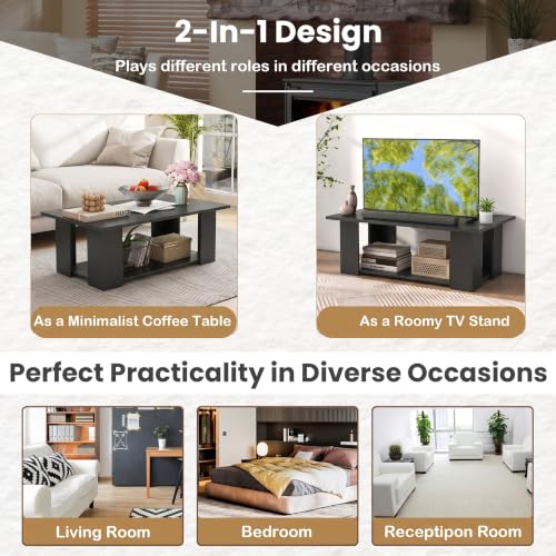 POWERSTONE 41 Inch 2-Tier Coffee Table with Storage Shelf, Wood Farmhouse Center Table with L Legs & Extra Bottom Support for Living Room, Black - color: Black