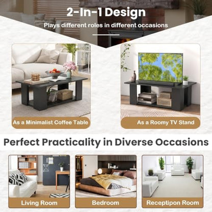 POWERSTONE 41 Inch 2-Tier Coffee Table with Storage Shelf, Wood Farmhouse Center Table with L Legs & Extra Bottom Support for Living Room, Black - color: Black