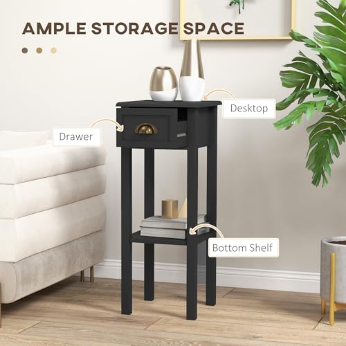 HOMCOM Narrow End Table with Drawer and Bottom Shelf, Slim Side Table for Small Spaces, Skinny Modern Accent Desk for Living Room, Set of 2, Black - color: Black