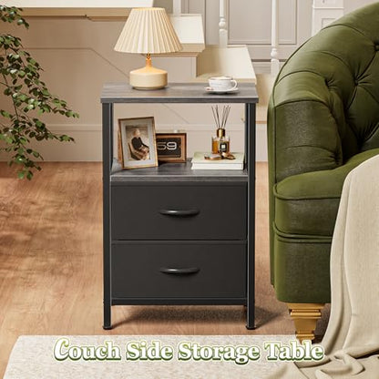 Huuger Night Stand with 2 Drawers, Bed Side Table with Open Shelf, Wooden Top, Nightstand for Bedroom, End Table for Small Space, Fabric Drawer, Grey - color: Gray and Black