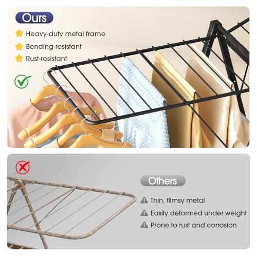 Clothes Drying Rack, 67.7" L Height Adjustable, Foldable, Black | 1.5"Folded, No Assembly, Space-Saving, Spacious Design, Adjustable Wings, Clips, Mesh Shelf, Shoe Rack, Indoor & Outdoor Use - color: Black