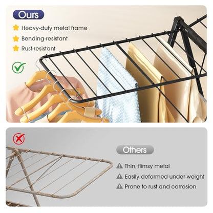 Clothes Drying Rack, 67.7" L Height Adjustable, Foldable, Black | 1.5"Folded, No Assembly, Space-Saving, Spacious Design, Adjustable Wings, Clips, Mesh Shelf, Shoe Rack, Indoor & Outdoor Use - color: Black