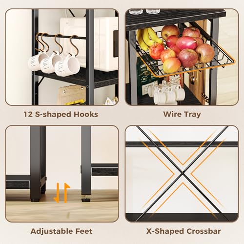 SUPERJARE Larger Bakers Rack with Power Outlets, 6-Tier Microwave Stand, Coffee Bar with 12 S-Shaped Hooks, Kitchen Shelf with Wire Basket, 47.2 x 15.5X 66.9 Inches, Black - color: Black, size: 47.2inch
